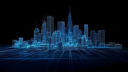 Futuristic Blue Cityscape With Glowing Lines And Grid On Dark Background Digital Art 3D Rendering