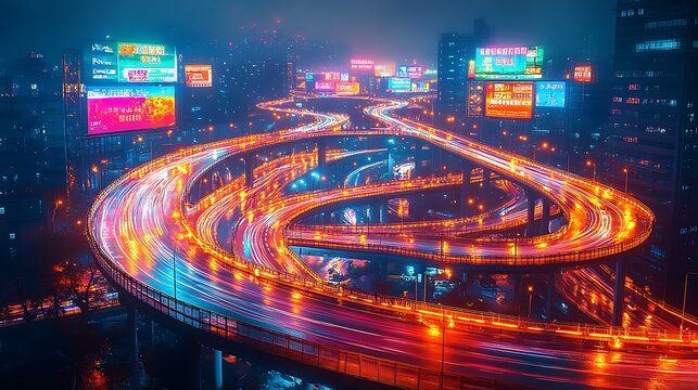 A broad city perspective highlighting the twisting highways and bridges beneath a glow of vibrant billboards