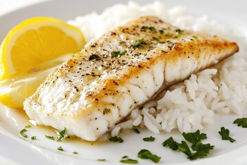 A steamed white fish fillet topped with a light sauce, white rice and a lemon wedge