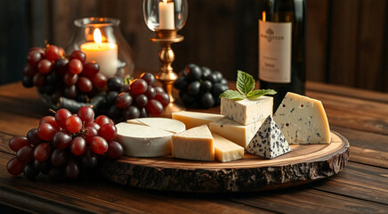 A rustic cheese and grape platter set on a wooden table. The scene features a cozy ambiance with candles and wine.