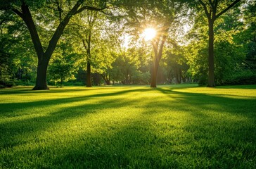 Serene Sunlit Park Scene with Lush Green Grass, Majestic Trees, Soft Shadows, and a Bright Golden Sunlight Glowing Through Leaves in Early Morning