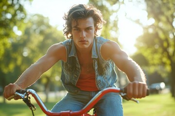 Obraz premium Young man with sun-kissed skin rides a red bicycle in a park, showcasing a summer vibe.