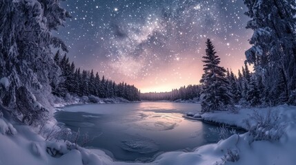 Celestial symphony over a pristine, snowy winter lake landscape