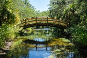 Fototapeta premium Wooden bridge arching over a calm, green river, surrounded by lush greenery and trees.