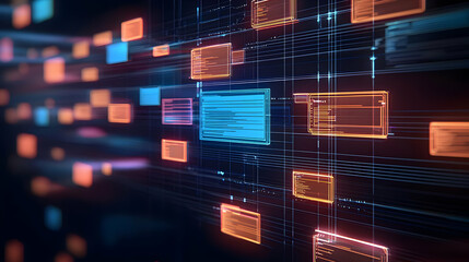 Dynamic Flow of Digital Data Packets in a Futuristic Cyberspace With Glowing Neon Colors and a Dark Background Visualization