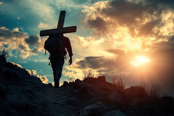 A man climbing a steep mountain trail, carrying a large wooden cross on his back