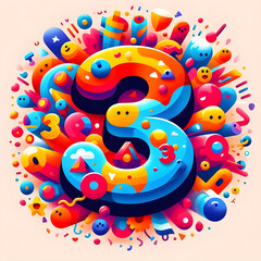 Fototapeta premium Number three exploding with joy and surrounded by colorful shapes and cute characters