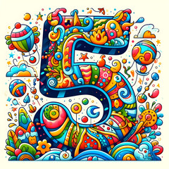 Number five surrounded by colorful and playful doodles celebrating fifth anniversary