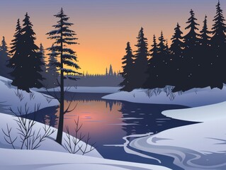 Obraz premium Winter Wonderland: Serene Snow-Covered River Landscape at Sunset with Pine Trees and Sky Reflections