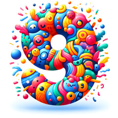 Colorful and playful number nine formed by abstract shapes