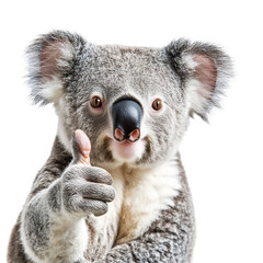 Naklejka premium Cute koala gives thumbs up on Transparent background expressing happiness and friendliness, Cute Koala Giving Thumbs Up Isolated on PNG background