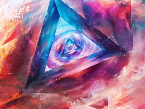 Colorful Geometric Abstract Art: Vibrant Triangle Spirals and Cosmic Neon Swirls