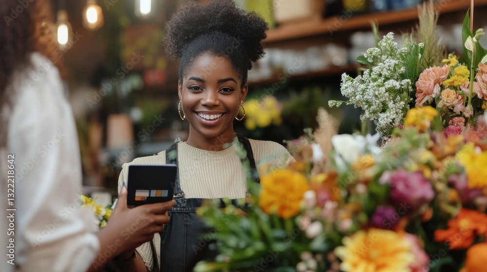 Poster smiling florist holding card reader machine at counter with customer paying with credit card. young 