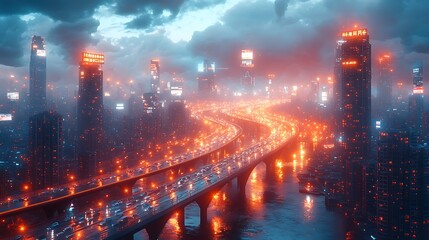 Fototapeta premium A panoramic urban scene capturing a complex web of highways and bridges glowing with billboard lights