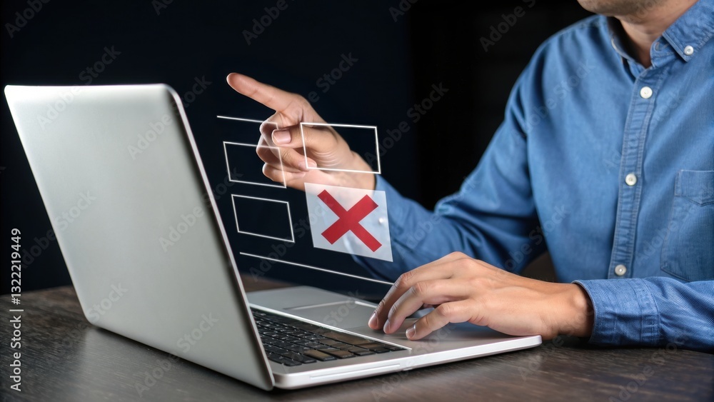 Poster rejection on screen: a person points at the screen of a laptop displaying a rejected or declined cho