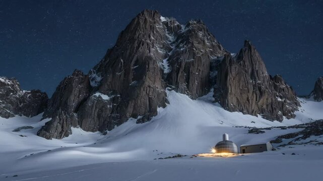 Nightfall at the Mountain Refuge: A Serene Winter Landscape