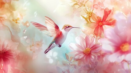 A hummingbird flits gracefully near a variety of blooming flowers, showcasing its iridescent feathers in a tranquil garden. The colorful blossoms create a soft backdrop, emphasizing nature's beauty