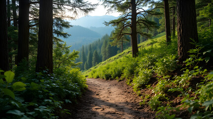 Fototapeta premium Scenic Sunlit Forest Path Hiking Trail Through Lush Green Trees Leading to Distant Mountainous Range Green Forest Nature Scenery View