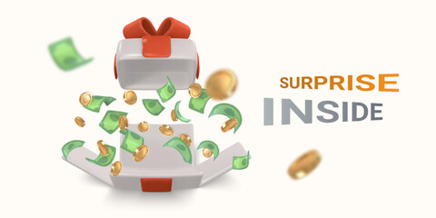 Realistic gift box with gold ribbon, money, coin and confetti. Vector illustration