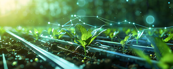 A field of green plants with a network of lines connecting them
