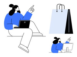 Woman using laptop, pointing at monitor, shopping bag symbolizes ecommerce, digital marketing, retail trends. Ideal for online shopping, technology, multitasking, consumer behavior e-learning