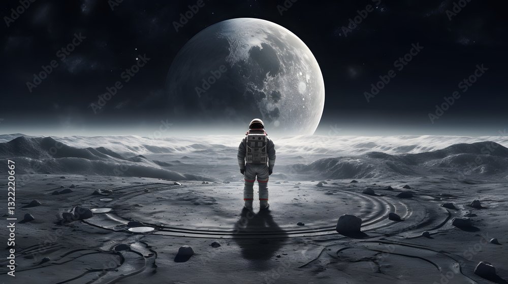 Poster a man in a spacesuit stands on a planet