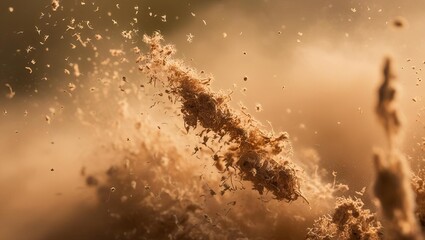 Obraz premium Macro Shot of Real Dust Particles Floating in the Air: High-Definition Close-Up Capturing Natural Dust Particles Flowing and Glittering, Ideal for Backgrounds and Overlays in Cinematic Projects.