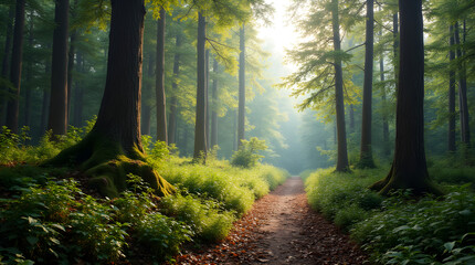 Fototapeta premium Serene Forest Path Sunlight with Sun Rays - Lush Green Trees Foliage - Peaceful Woodland Landscape Photography