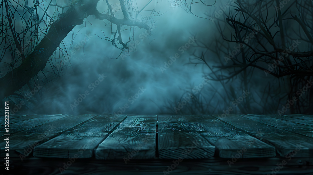 Poster a dark forest with a foggy mist and a tree in the background