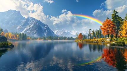 Fototapeta premium A radiant rainbow reflecting in the still waters of a secluded mountain lake