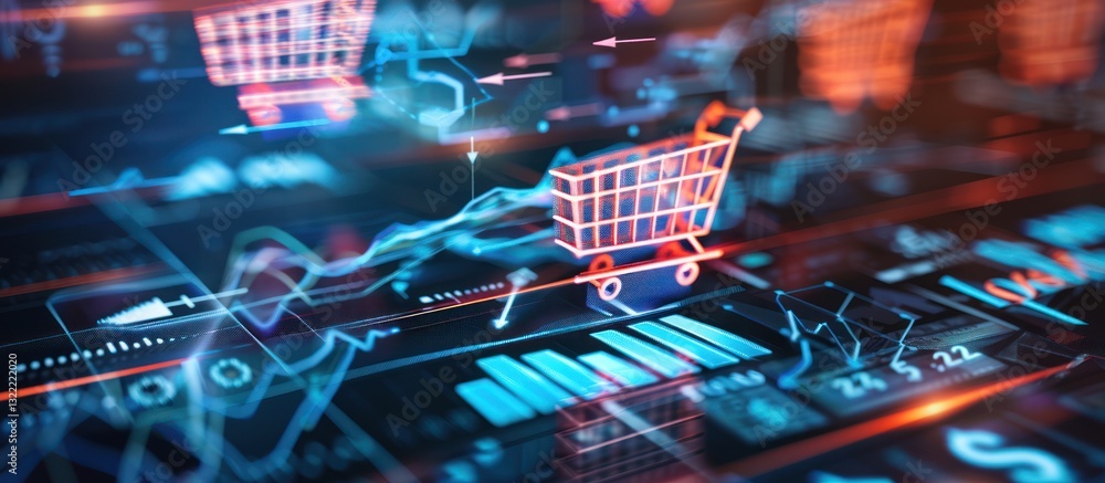 Aufkleber digital shopping cart icon over data graphs.