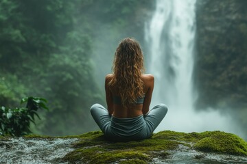 Woman meditates peacefully by a waterfall in lush greenery, finding serenity in nature's embrace.