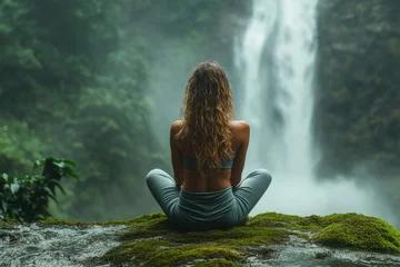 Selbstklebende Fototapeten Woman meditates peacefully by a waterfall in lush greenery, finding serenity in nature's embrace. © imagepocket