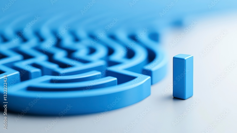 Poster abstract 3d rendering of a light blue maze with a single block at the entrance. clean lines, soft li
