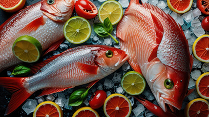 fresh sea ocean red fish is cut into pieces, lies on ice, without a head, cherry, slices of lemon and lime are cut round, lie around, with basil, light, top view from the side