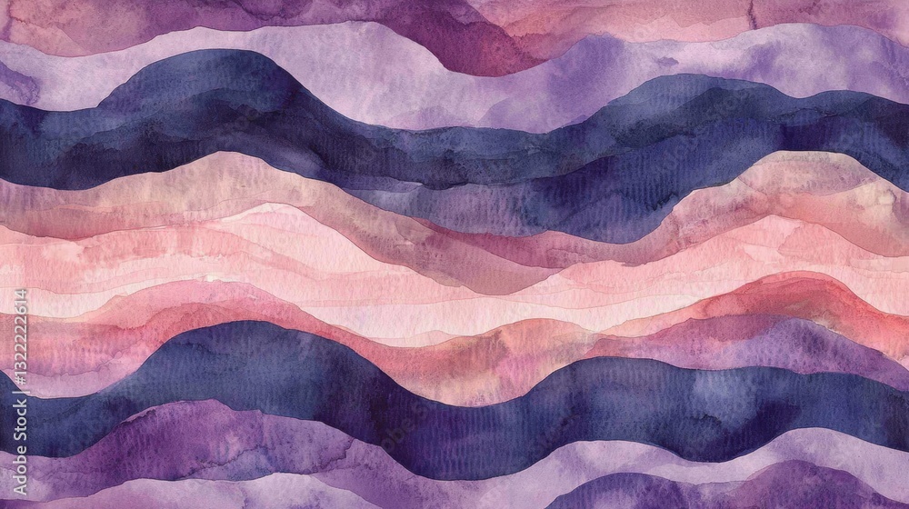 Poster layers of soft watercolor waves in rich purples, pinks, and subtle variations create a tranquil back