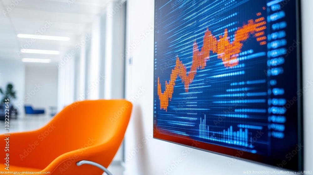 Aufkleber abstract data visualization on a screen in a modern office setting. orange armchair in the foregroun