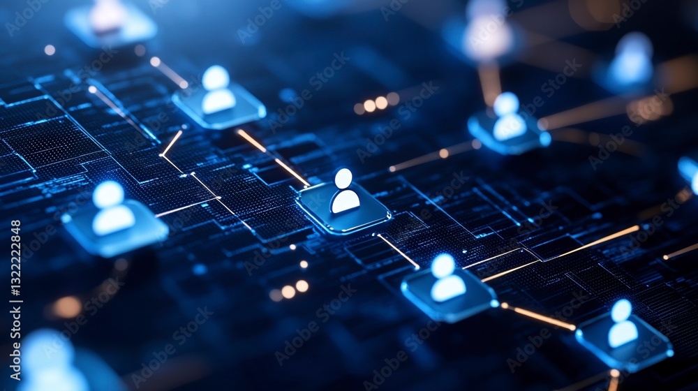 Poster abstract digital network with glowing nodes and connections. blue and orange hues dominate the circu