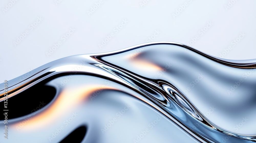 Poster abstract image of flowing metallic liquid with shimmering highlights and shadows against a light gra