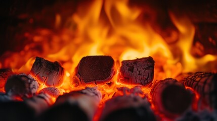 Glowing embers and bright flames rise inside a dark, warm hearth