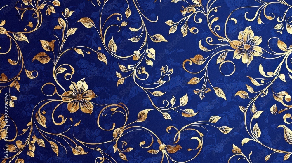 Poster delicate floral elements weave through intricate vine patterns on a rich blue backdrop, creating an 