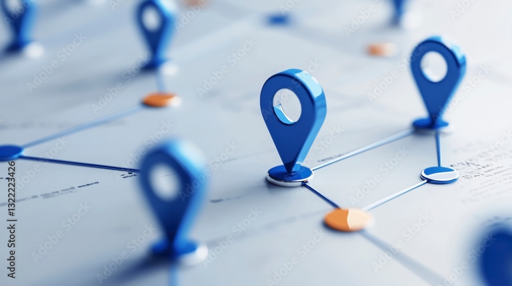 Aufkleber network map with blue and gold location pins interconnected on a light gray surface. abstract connec