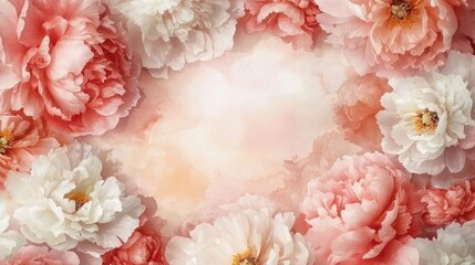 A vibrant display of pink and white peonies surrounds a gentle pastel background. The flowers create a calming and inviting atmosphere ideal for spring themes or celebrations