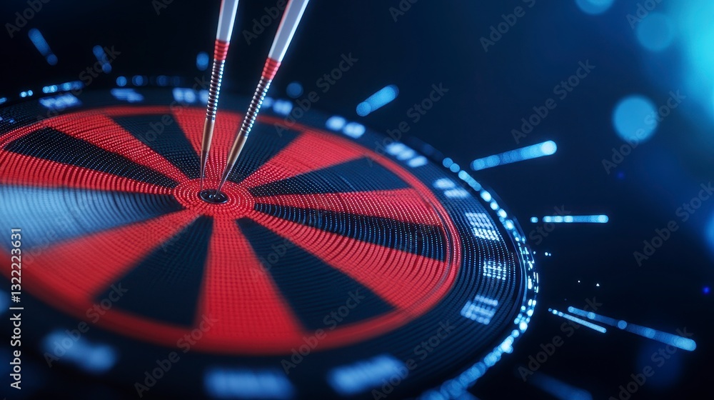 Aufkleber abstract dartboard with two darts hitting the bullseye, dark background with blue and red color sche