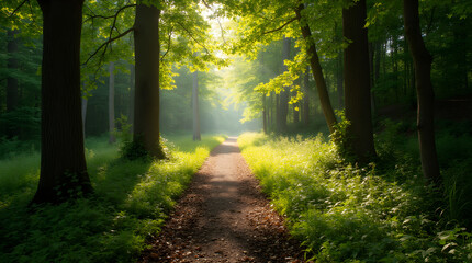 Fototapeta premium Serene Sunlit Forest Path Lush Green Trees Nature