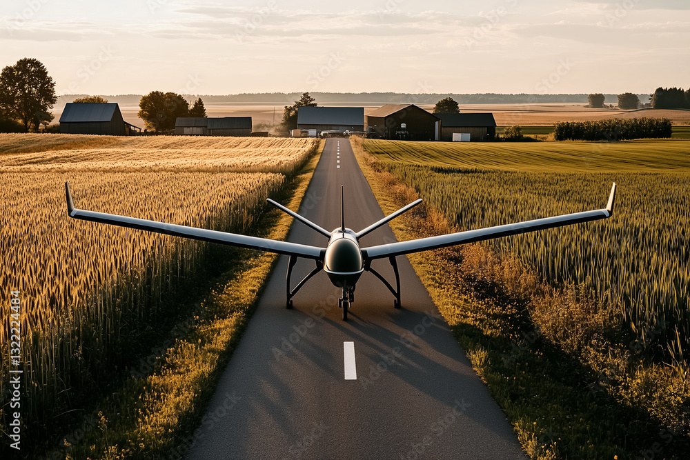 Poster a drone is seen refueling at a compact ground station, with expansive fields and farm structures for