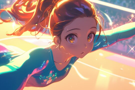 The gymnast performs a graceful move while floating through the air
