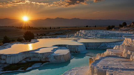 landscape of pamukkale, turkey. Sunset at pamukkale Turkey