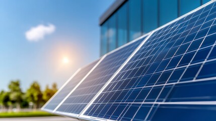 Obraz premium Solar panels on a building on a sunny day. Clean energy, sustainability, renewable energy
