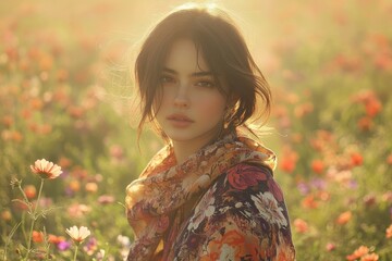A woman with dark hair stands in a field of flowers, bathed in golden sunlight.  Her floral scarf adds to the dreamy atmosphere.